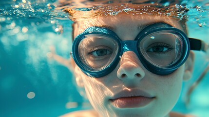 Naklejka premium Young woman in goggles and cap swimming underwater in pool 