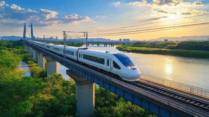 A shot of an electric train in motion, crossing a modern bridge with a river or landscape in the...