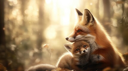 Obraz premium A mother fox and her cub sit together in a serene forest, surrounded by autumn leaves, as warm sunlight filters through the trees at sunset
