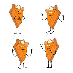 Cute illustration of a pie character in the form of a smiling slice with a raised thumb and a round pie