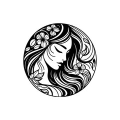 Natural beauty woman long hair logo for salon or cosmetic product with line art style. Line art floral women logo design. creative vintage editable vector floral girl illustration.