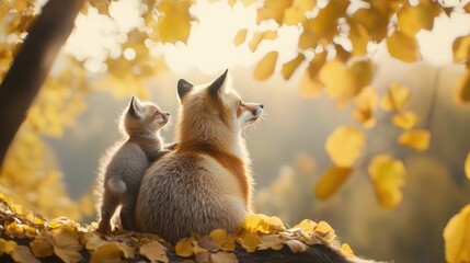 A mother fox and her cub sit together in a serene forest, surrounded by autumn leaves, as warm sunlight filters through the trees at sunset