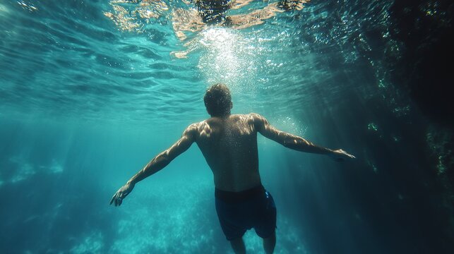 young guy swimming on underwater background