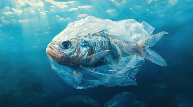 A fish tangled in plastic waste beneath the ocean surface, symbolizing the environmental threat of marine plastic pollution and its impact on wildlife.

