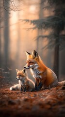 Obraz premium A mother fox and her cub sit together in a serene forest, surrounded by autumn leaves, as warm sunlight filters through the trees at sunset