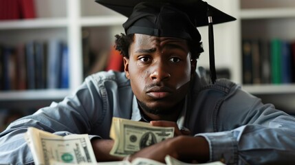 A recent graduate in a cap and gown sits with cash, looking worried about financial struggles, highlighting student loan debt concerns.