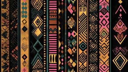 Seamless print featuring African repeat patterns Vintage boho style with geometric folk elements Indian inspired texture combined with Mexican design and Navajo motifs Color palette includes black