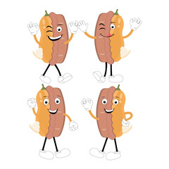 Cute illustration of a pie character in the form of a smiling slice with a raised thumb and a round pie