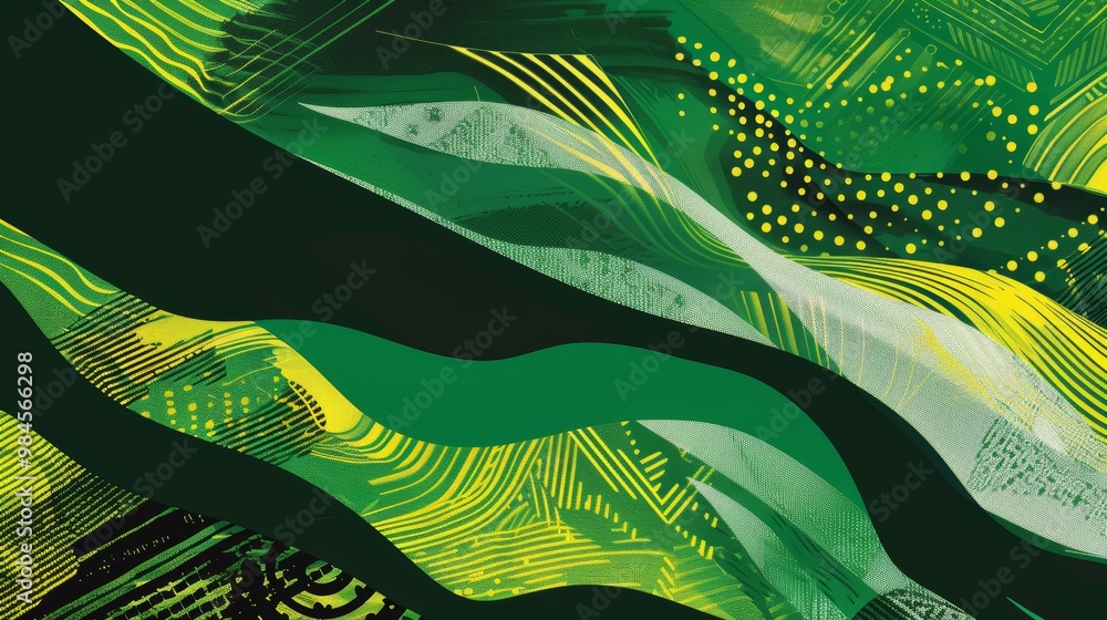 Poster vibrant abstract design featuring flowing green patterns with dynamic textures and shapes, perfect f