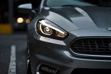 Fototapeta premium Luxury Car Close Up. Sleek LED Headlights and Modern Design. Branding, Urban Lifestyle.