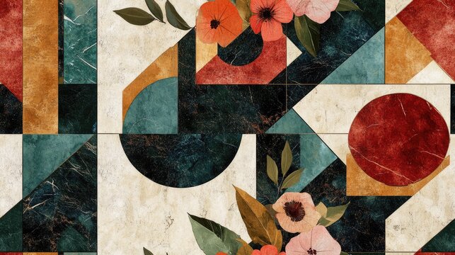 Colorful digital wall tile design for bathroom and kitchen featuring a seamless marble background with geometric shapes and a floral monogram ornament Template suitable for textiles apparel cards i