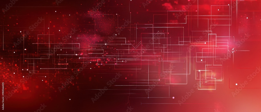 Poster abstract red digital background with geometric lines and particles.