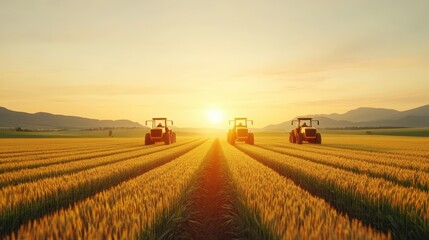 Obraz premium Three tractors are driving through a field of golden wheat