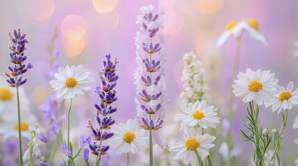 Fototapeta premium Soft pastel wildflowers including lavender and chamomile create serene and calming atmosphere, perfect for nature lovers and floral enthusiasts