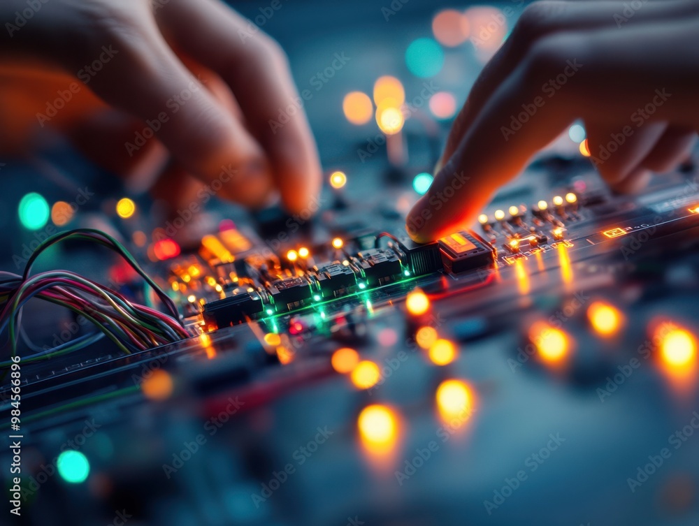 Poster close-up of hands interacting with a circuit board, showcasing colorful lights and intricate technol