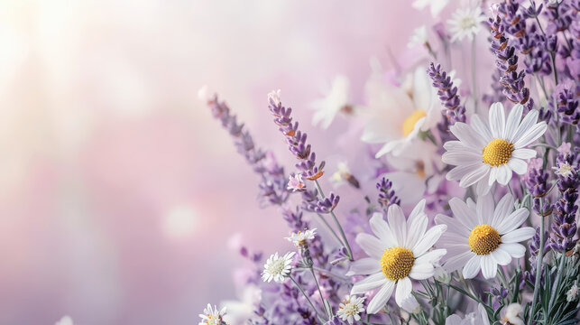 Soft pastel wildflowers featuring lavender and chamomile create serene and calming atmosphere. delicate blooms evoke feelings of tranquility and beauty in nature