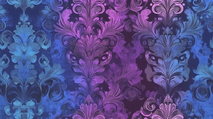 Fototapeta premium Vintage ornamental background featuring a Victorian pattern in blue and violet hues Raster illustration of a seamless damask design