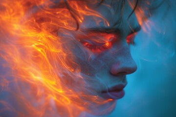 Surreal portraits of man with fiery light effects and blue hues, blending vibrant colors and ethereal elements