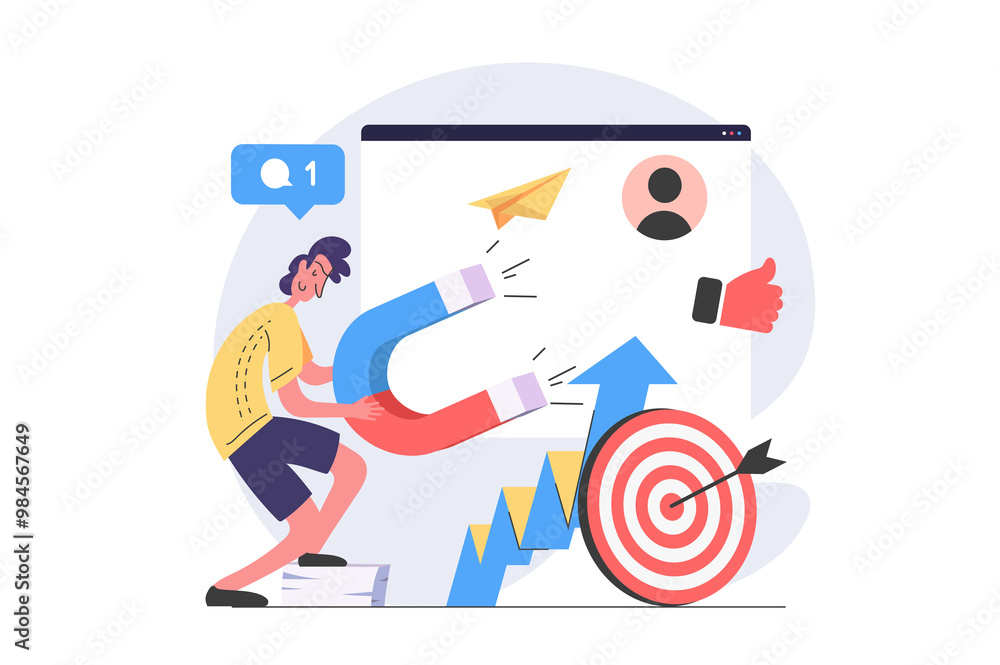 Aufkleber digital marketing concept in modern flat design for web. man with magnet using online promotion tool