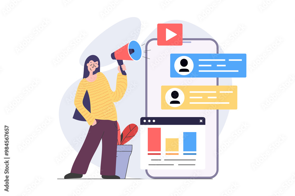 Poster digital marketing concept in modern flat design for web. woman with megaphone making promotion for a