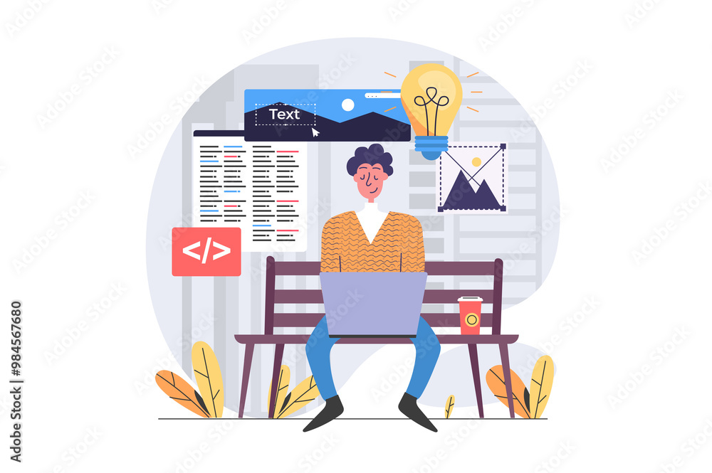Poster freelance concept in modern flat design for web. man freelancer working online and sitting at park b