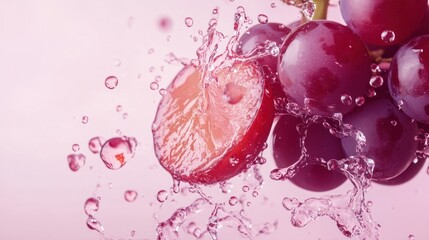 Fototapeta premium A grape slice in mid-fall, with juice droplets captured in the air on a pastel pink background.