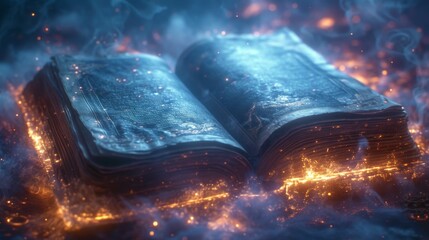 Ancient book with glowing pages surrounded by mystical smoke and sparkles evoking sense of magic and mystery, ancient wisdom and secrets held within pages of grimoire