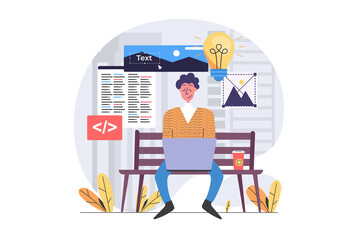 Freelance concept in modern flat design for web. Man freelancer working online and sitting at park bench, brainstorming and programming new product, developing software outdoor. Illustration.