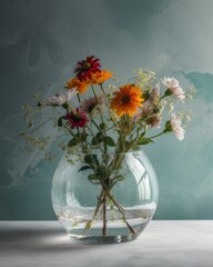 A vibrant arrangement of assorted flowers in a clear glass vase against a soft, textured blue background
