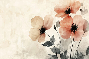 Soft floral illustration featuring delicate flowers in warm tones, creating serene and calming atmosphere. gentle strokes and neutral background enhance beauty of nature