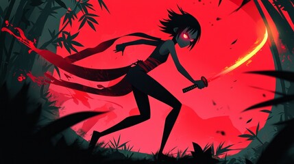 Silhouette of a Woman Warrior with a Flaming Sword in a Red Background