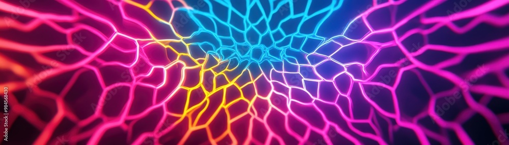 Poster vibrant abstract pattern featuring colorful lines in a web-like structure, ideal for backgrounds or 