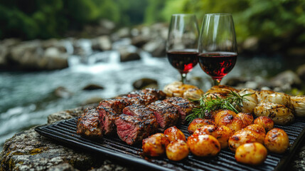 Grilling steak and vegetables by a peaceful riverbank with glasses of red wine, surrounded by greenery, creates a perfect summer dining experience