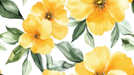 Vibrant watercolor pattern featuring large yellow flowers and leaves of a healing plant set against a white background Seamless spring design with a bold print
