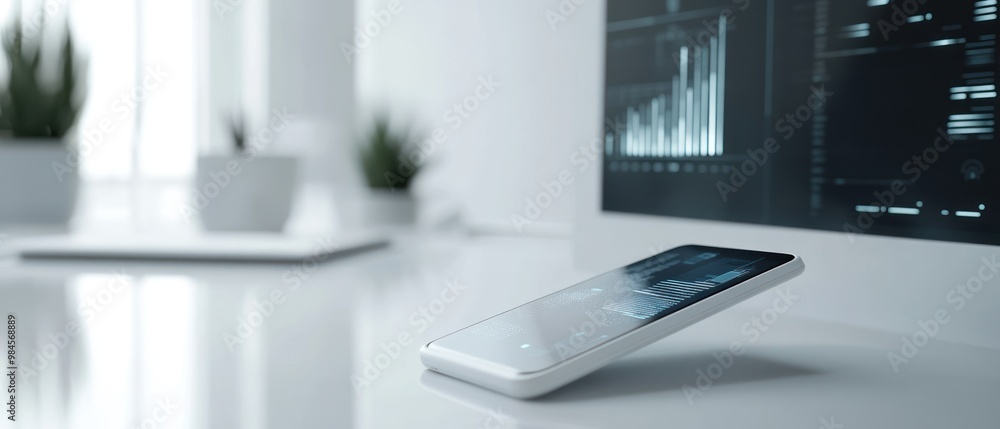 Poster a smartphone rests on a sleek desk beside a computer displaying data analytics.
