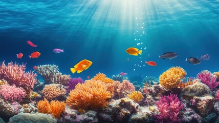 Obraz premium Vibrant underwater scene showcasing colorful corals and diverse fish swimming in clear blue water, illuminated by sunlight.