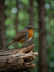 Male robin perched on a dead tree in a forest.