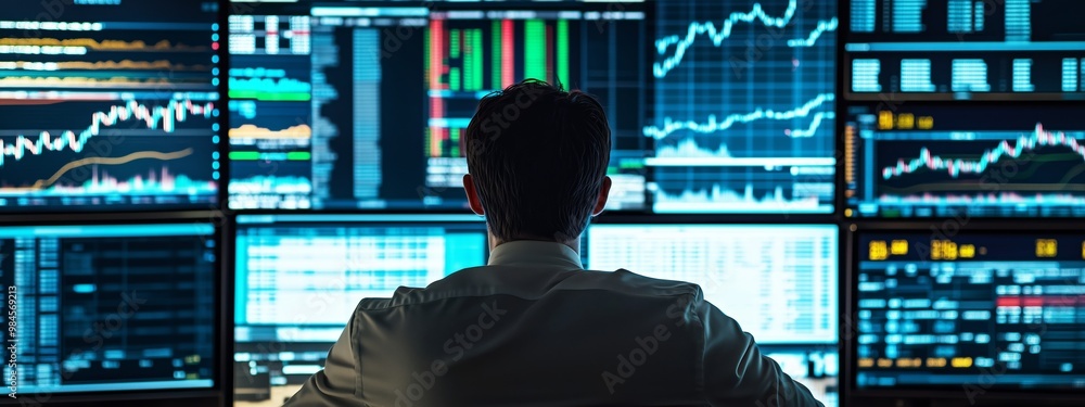 Poster trader analyzes market data on multiple screens in a modern financial office during a busy trading s