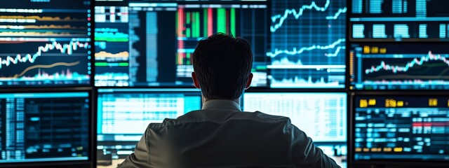 Trader analyzes market data on multiple screens in a modern financial office during a busy trading session