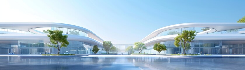 A modern architectural design featuring sleek buildings, a serene water feature, and lush greenery under a clear sky.