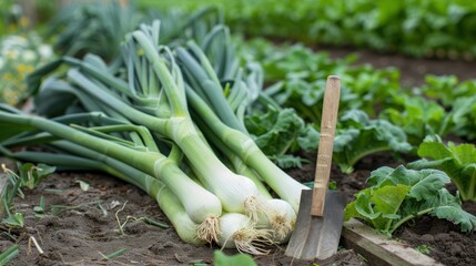 Obraz premium Freshly Harvested Leeks in a Garden