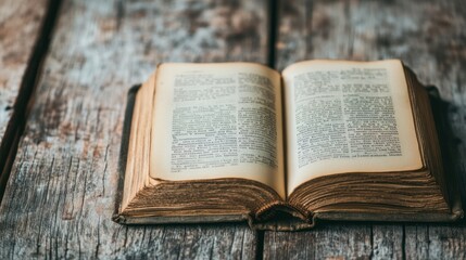 Obraz premium An open book rests on a rustic wooden surface, showcasing its pages and texture.