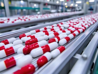 Fototapeta premium Close-up of red and white capsules on a production line, showcasing pharmaceutical manufacturing processes in a modern facility.
