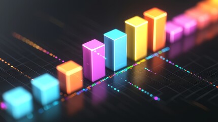 A high-tech 3D bar graph with bright colors, reflecting strong business growth and data insights.