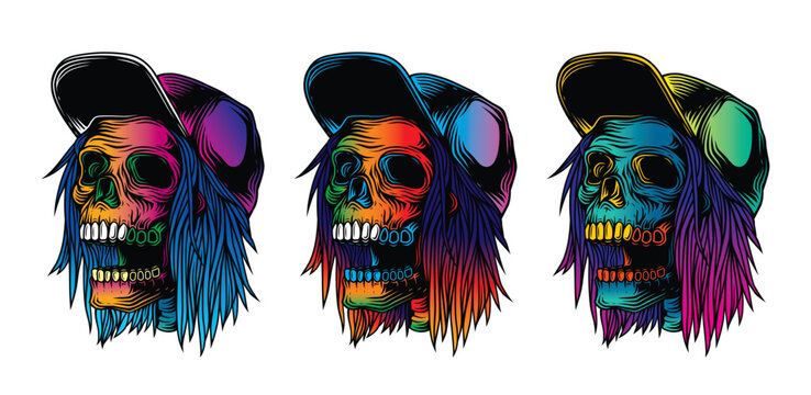Skateboarder skull. Original vector illustration in vintage style. T-shirt design.