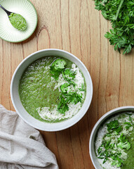 broccoli puree soup with cream and pesto