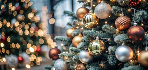 Christmas Tree With Baubles balls And Blurred Shiny Lights ornaments decoration