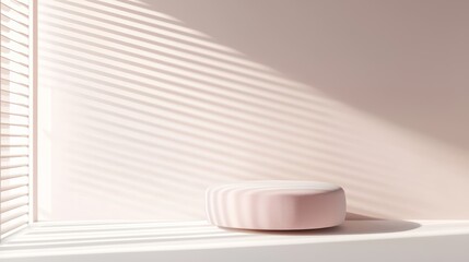 A serene and modern space with pastel tones, featuring a circular ottoman as the centerpiece and light streaming through blinds.