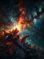 Massive Space Explosion with Shining Stars and Milky Way