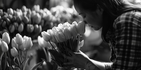 A woman admiring the scent of a bunch of white tulips